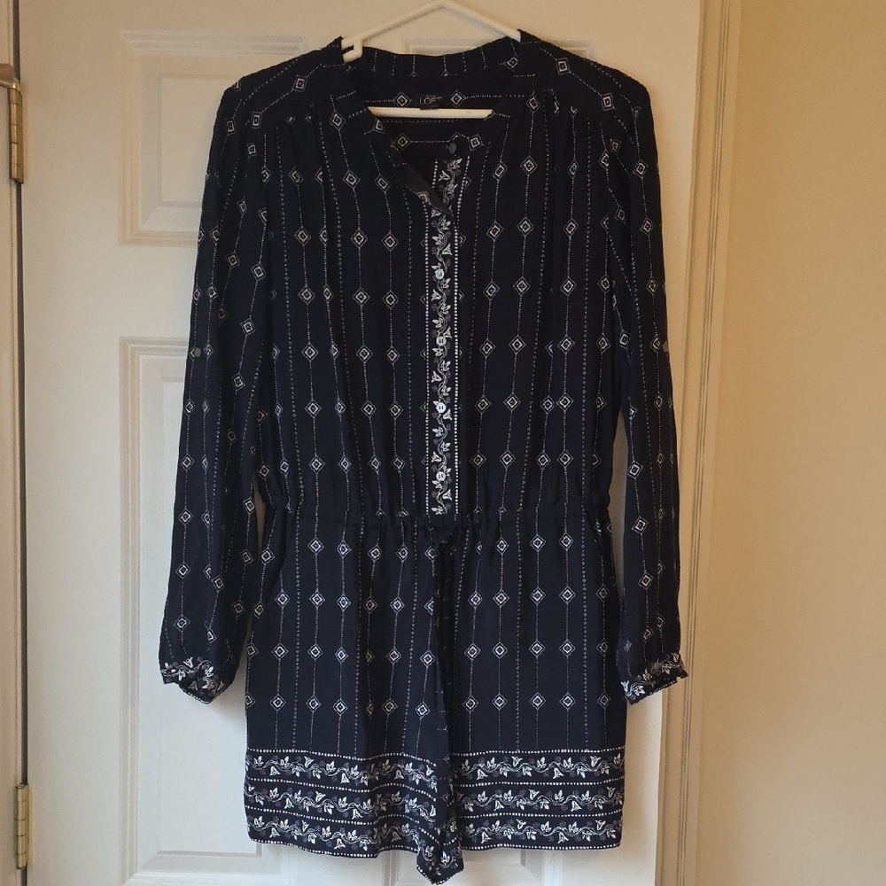 Navy Printed Long-Sleeve Tunic Romper with Drawstring Waist